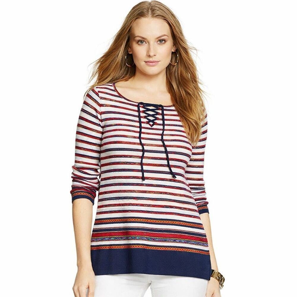 Lauren Ralph Lauren Nautical Stripe Sweater Womens Sz L Lace Up Neck Patriotic